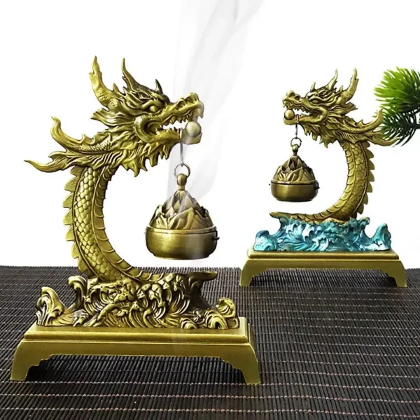 Brule encens dragon design Feng Shui en métal Kirksite avec socle antidérapant